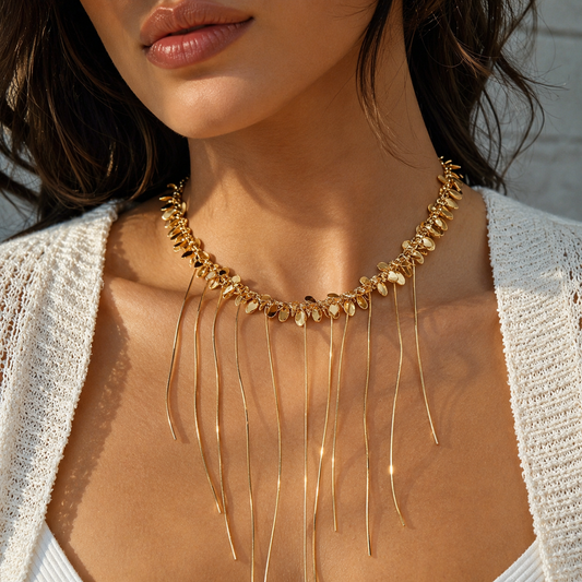 18K gold plated waterfall fringe statement necklace by Olivana Studio - alternate view