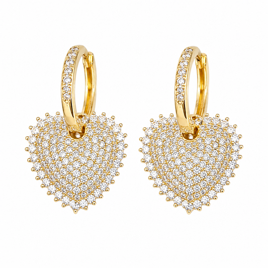 18K gold plated pave heart hoop earrings by Olivana Studio