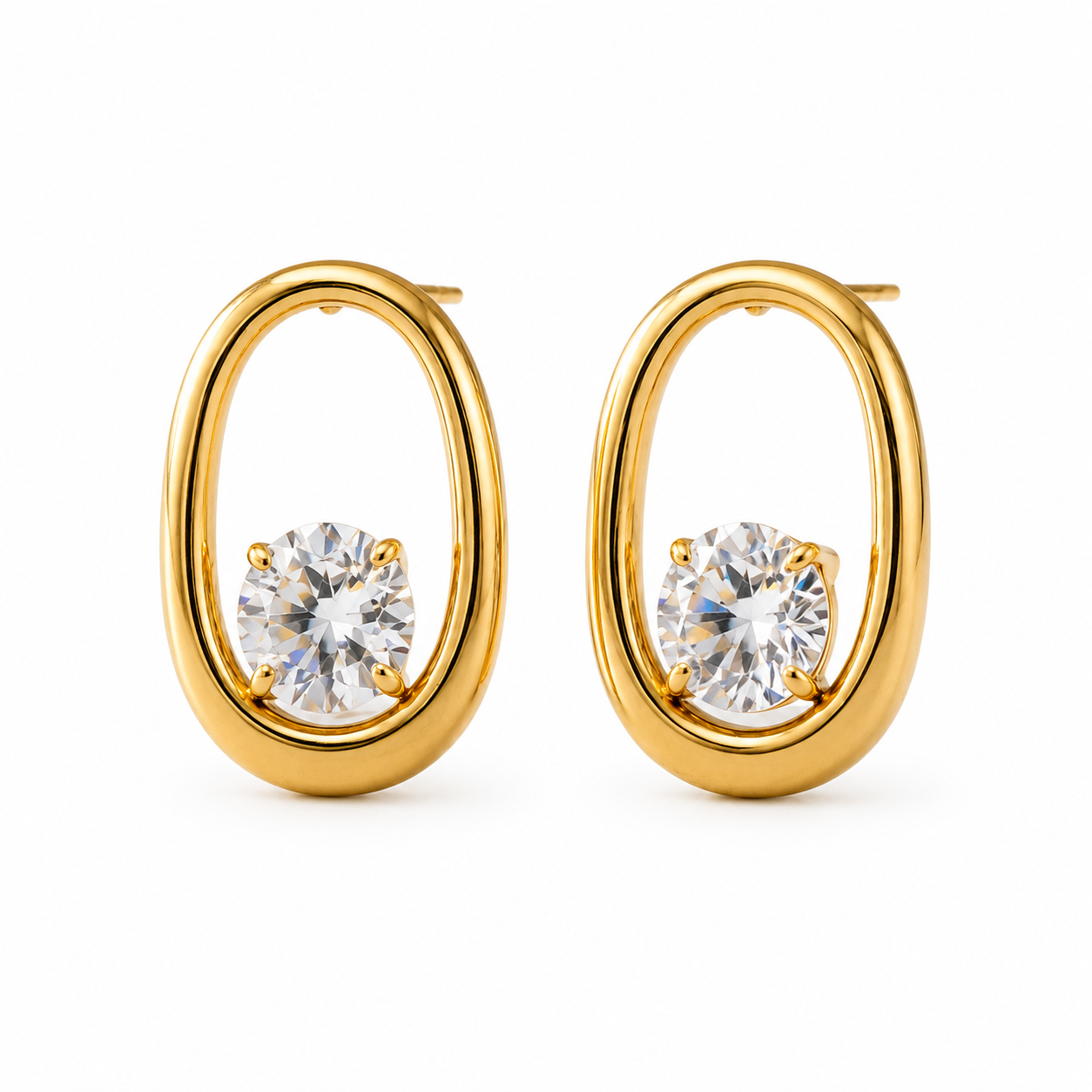 Oval Crystal Frame Stud Earrings – 18K Gold