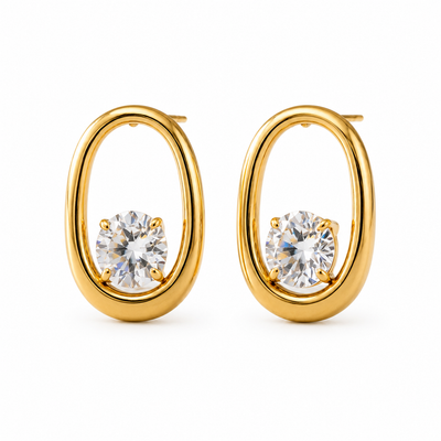 Oval Crystal Frame Stud Earrings – 18K Gold