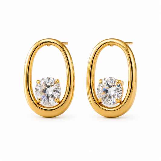 18K gold plated oval crystal frame stud earrings by Olivana Studio