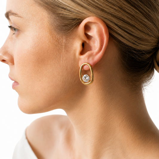 18K gold plated oval crystal frame stud earrings by Olivana Studio - alternate view