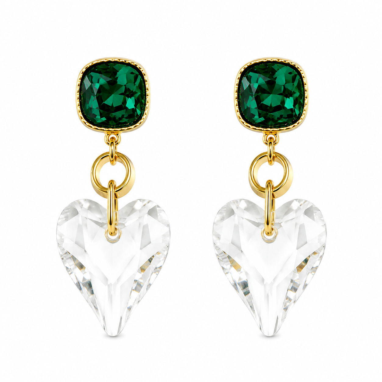 Emerald Crystal Heart Drop Earrings