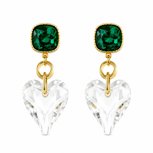Emerald crystal heart drop earrings by Olivana Studio