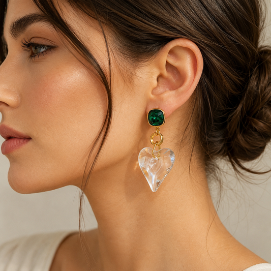 Emerald crystal heart drop earrings by Olivana Studio - alternate view