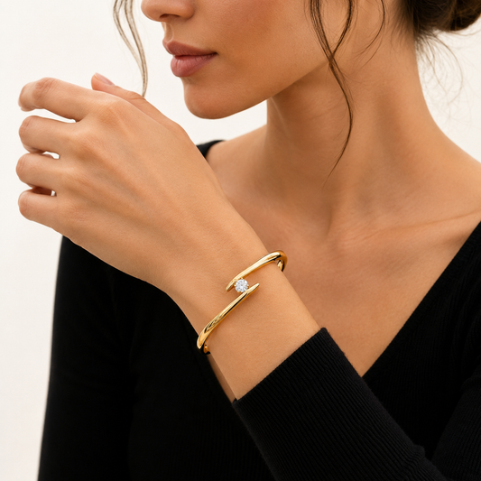 Minimalist solitaire crystal open cuff bracelet by Olivana Studio - alternate view