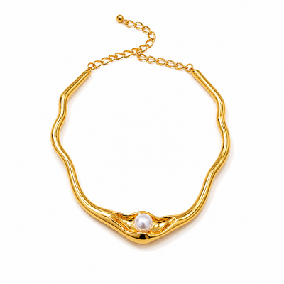 18K Gold Plated Sculptural Pearl Choker Necklace