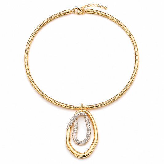 18K gold plated snake chain choker necklace featuring an abstract double loop pendant with sparkling cubic zirconia on a clean white background.