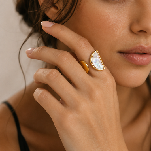 18K gold plated mother of pearl adjustable ring by Olivana Studio - alternate view