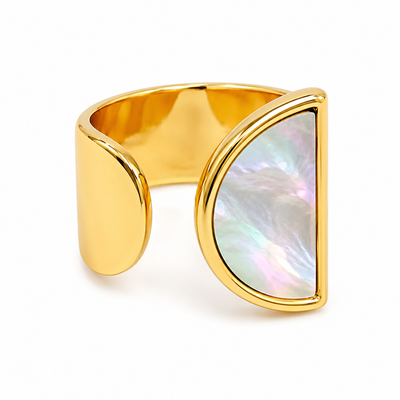18K gold plated adjustable open statement ring featuring a genuine mother of pearl inlay and sculptural asymmetrical design displayed on a clean white background.