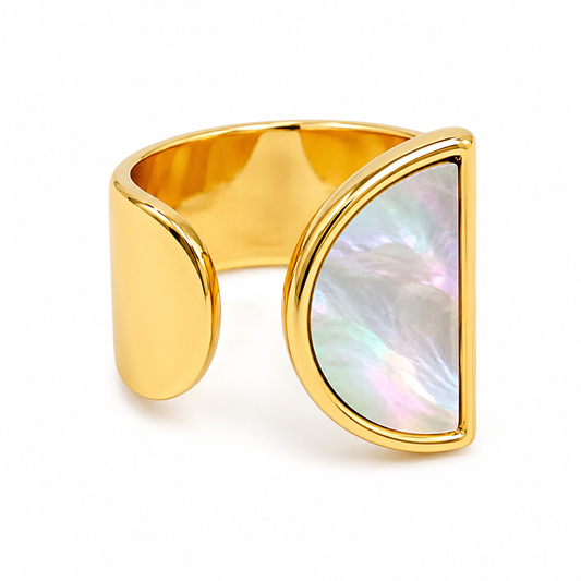 18K gold plated adjustable open statement ring featuring a genuine mother of pearl inlay and sculptural asymmetrical design displayed on a clean white background.