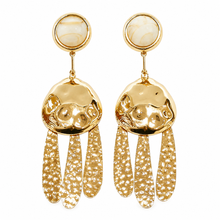 18K gold plated hammered tassel drop earrings featuring marbled resin studs and textured cascading gold dangles on a clean white background.