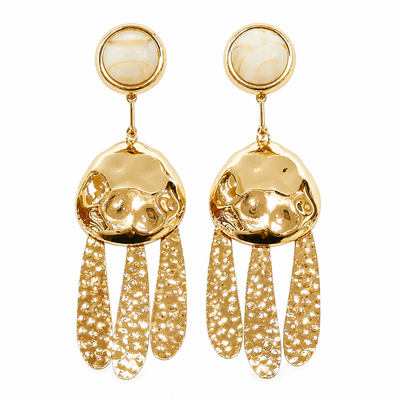 18K gold plated hammered tassel drop earrings featuring marbled resin studs and textured cascading gold dangles on a clean white background.