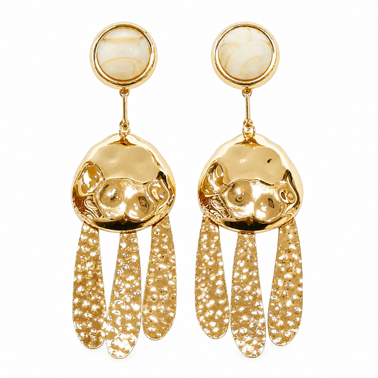 18K gold plated hammered tassel drop earrings featuring marbled resin studs and textured cascading gold dangles on a clean white background.