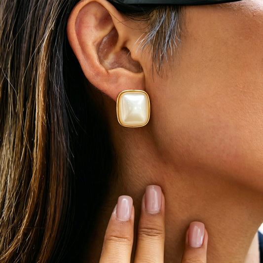18K gold plated cream resin square stud earrings by Olivana Studio - alternate view