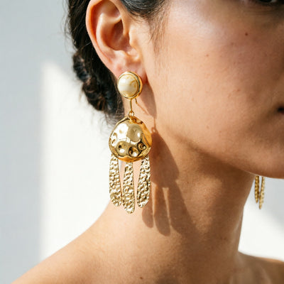 18K gold plated hammered tassel drop earrings styled on model, showcasing elegant cascading fringe.
