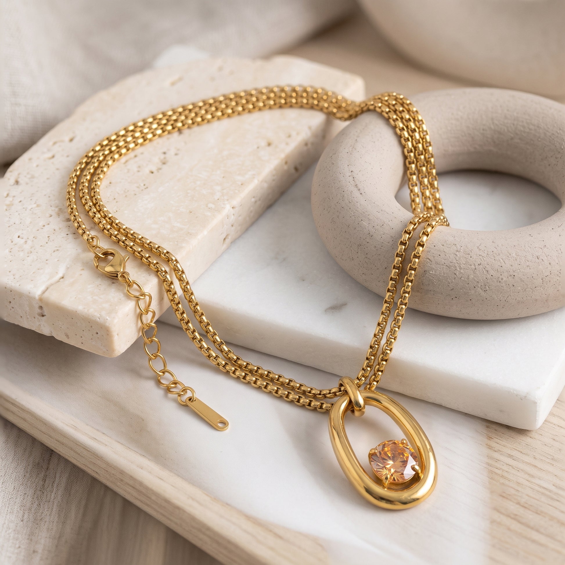 Oval Crystal Pendant Necklace – 18K Gold
