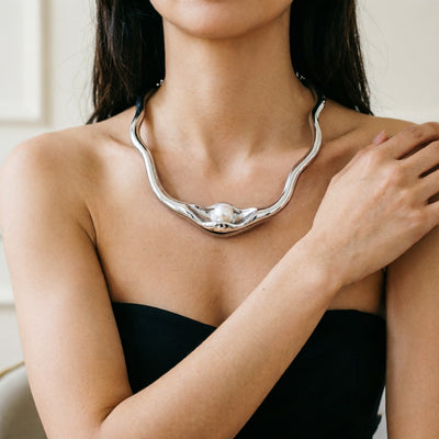 18K Gold Plated Sculptural Pearl Choker Necklace